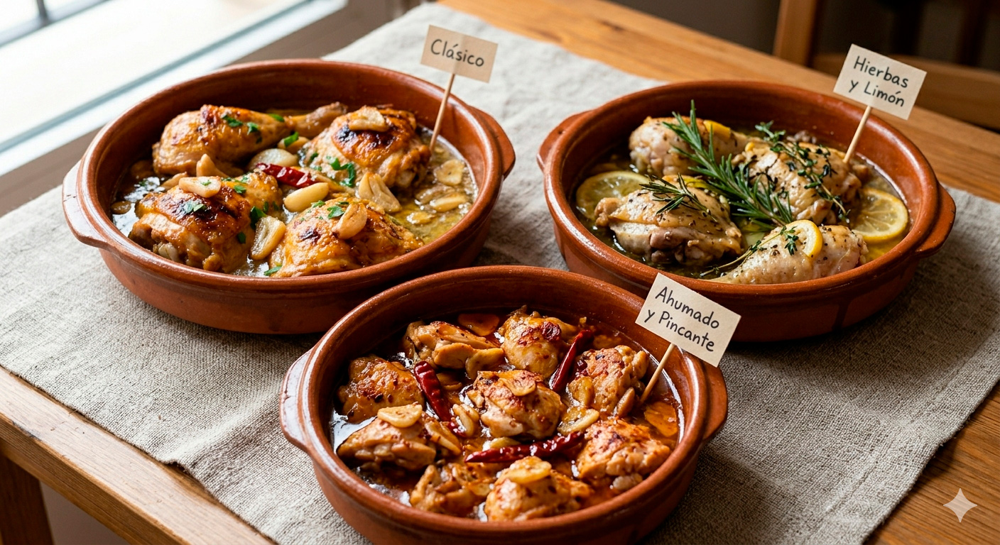 Diferentes variaciones y versiones del pollo al ajillo: con cítricos, champiñones y pimentón