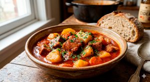 Vista de primer plano de un plato hondo rústico de cerámica lleno de estofado de cerdo meloso con patatas, bañado en una salsa de pimentón rojo intenso y decorado con perejil fresco.