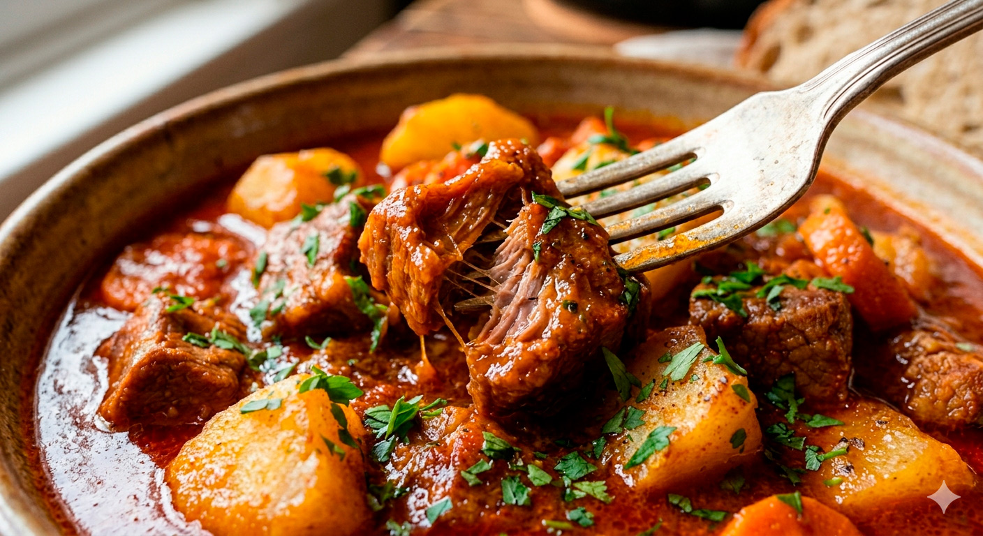 Estofado de cerdo con pimentón ahumado y sidra nutritivo y balanceado listo para servir