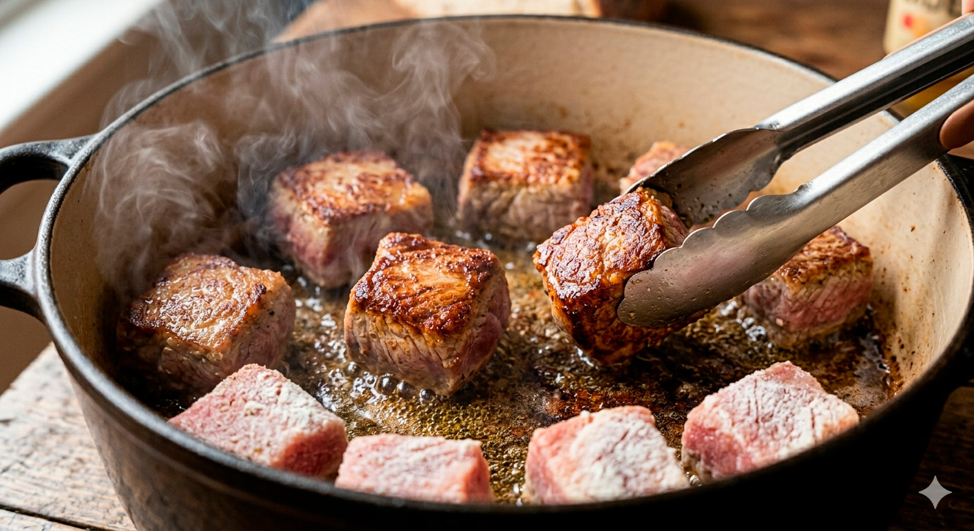 Carne de cerdo sellada dorada en olla de hierro para el estofado con pimentón ahumado