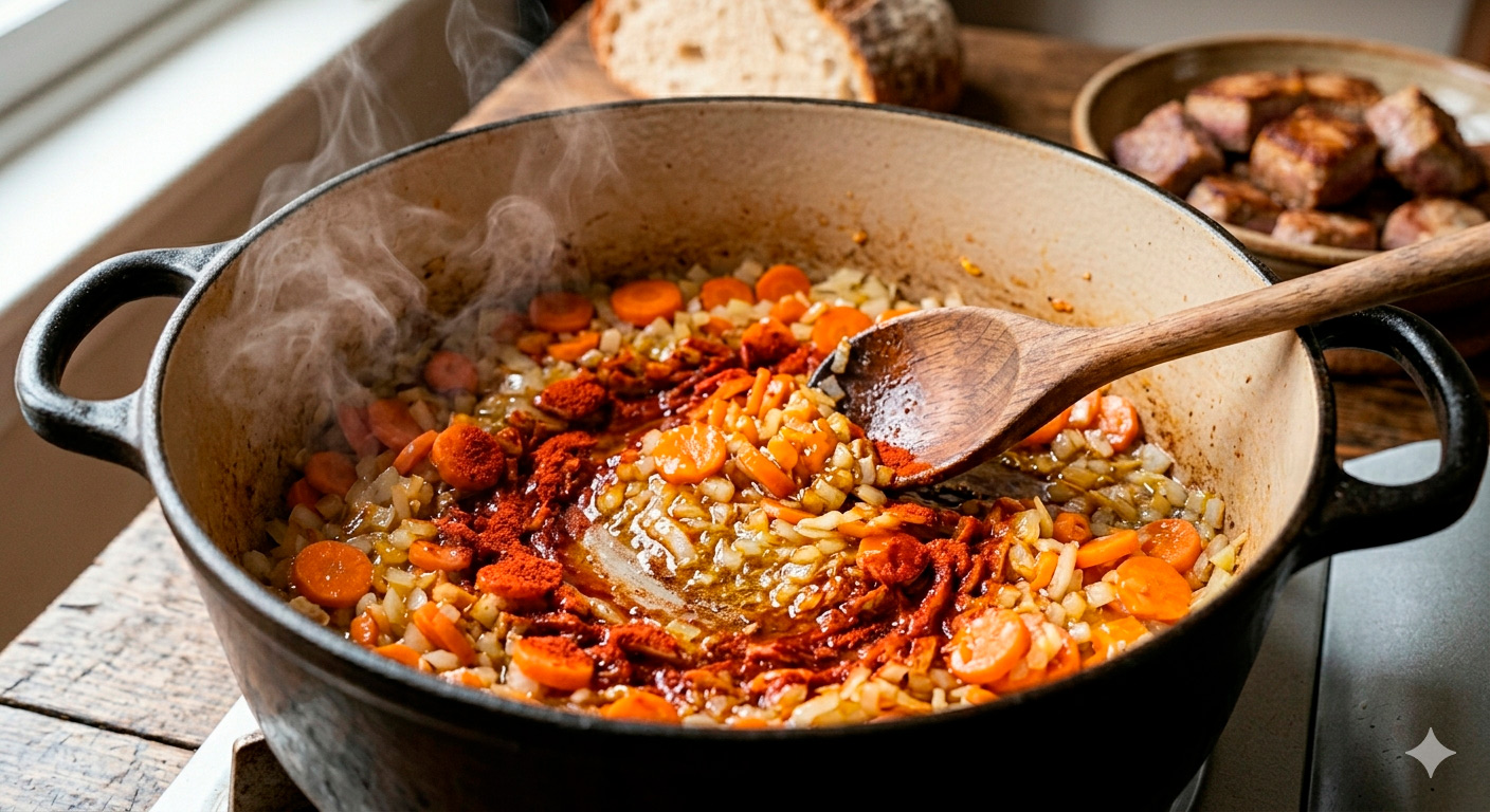 Sofrito base con pimentón ahumado para el estofado de cerdo con sidra perfectamente preparado