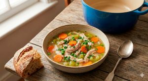 The final result!, Chicken an Vegetable Soup, After a few more minutes of cooking, the soup is ready. In this last image, we see an appetizing still life. A rustic ceramic bowl, on the same wooden table, contains a generous serving of the chicken and vegetable soup. The vibrant colors of the carrots, the green of the peas, and the texture of the shredded chicken are visible. It is topped with fresh chopped parsley and freshly ground black pepper. In the background, the original blue pot rests empty, and a piece of rustic bread completes this healthy and delicious meal.