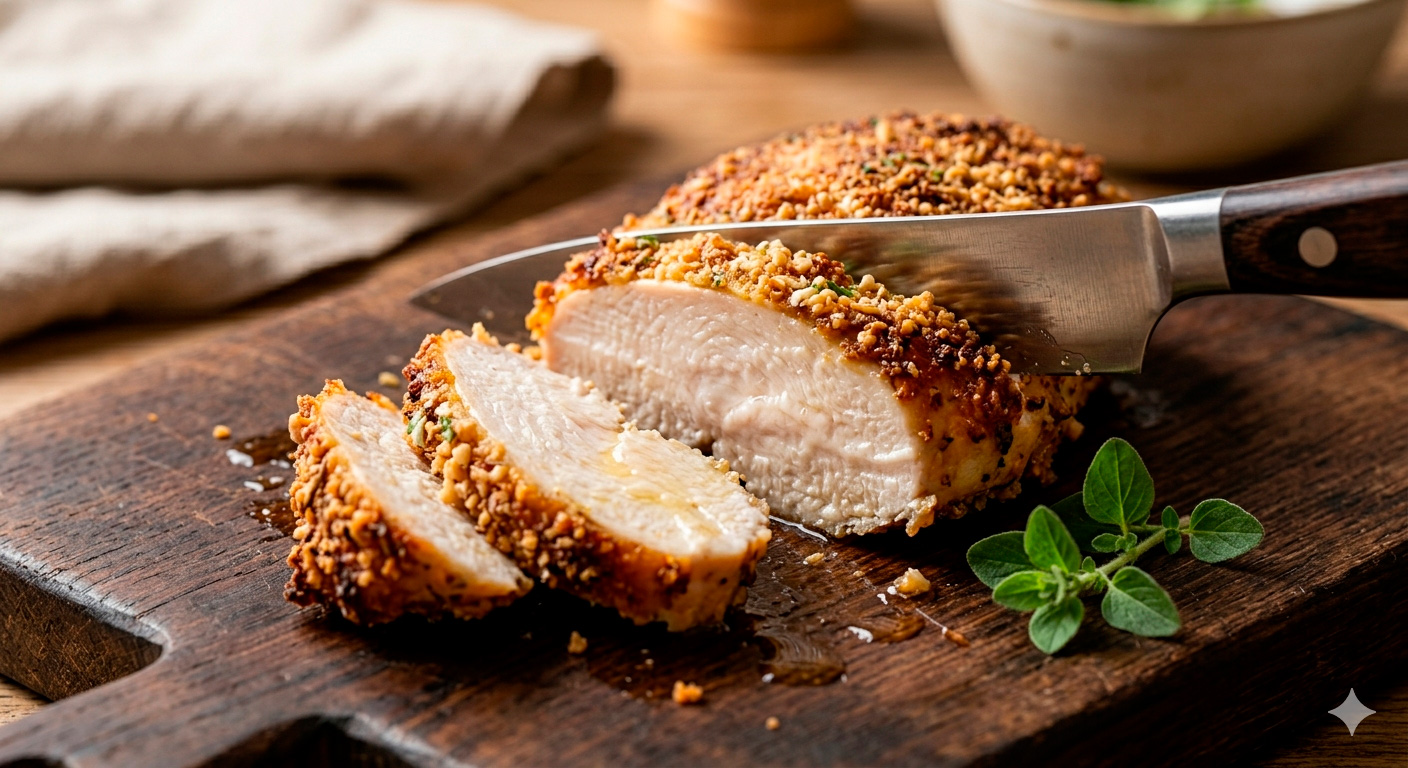 Pechuga de pollo en costra de parmesano y orégano lista para servir, perfectamente presentada