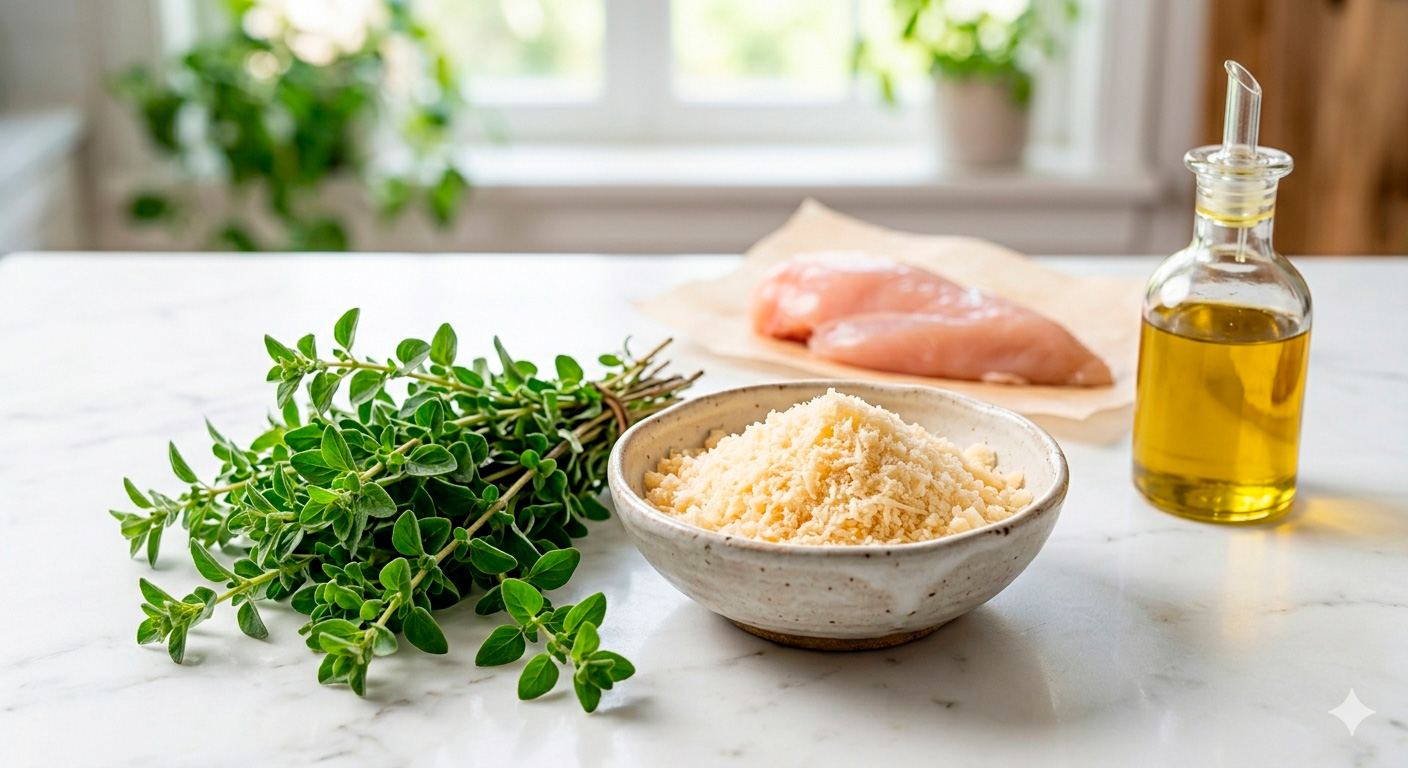 Pechuga de pollo en costra de parmesano nutritiva y balanceada, lista para servir