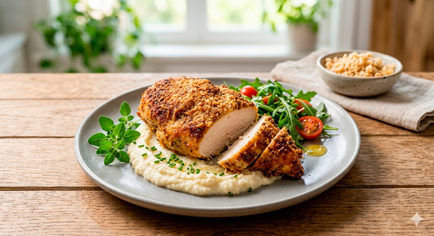 Diferentes variaciones y versiones de pechuga de pollo en costra de parmesano