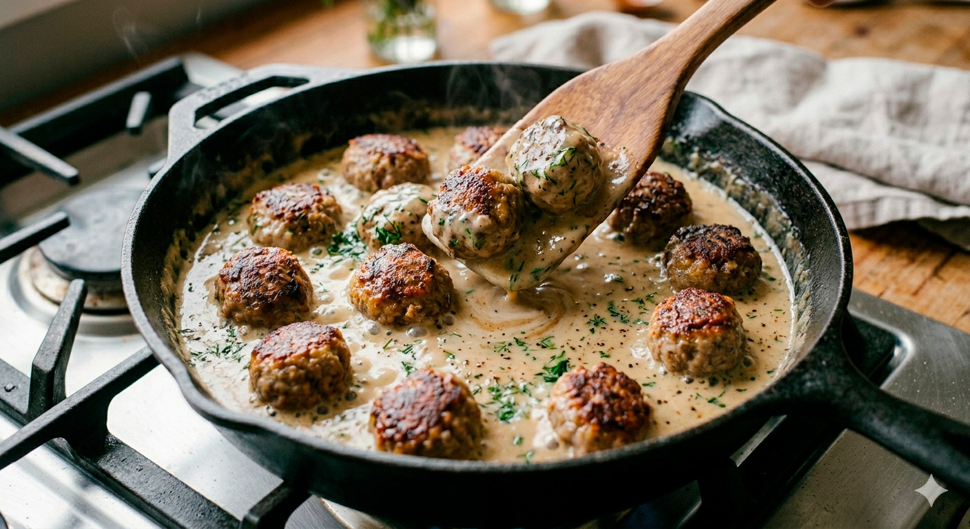 Albóndigas suecas en salsa de crema durante la fase final de cocción