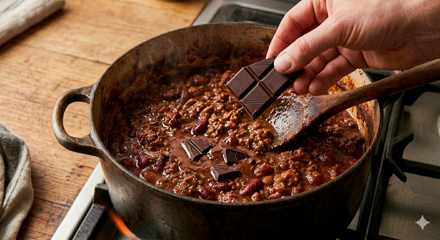 Chilli con carne y chocolate amargo nutritivo y balanceado listo para servir
