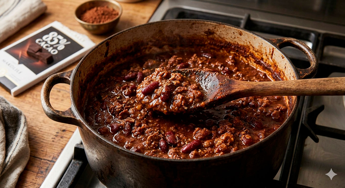 Chilli con carne y chocolate amargo irresistible recién preparado en olla