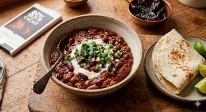 A close-up of a rustic handmade ceramic bowl filled with thick, dark mahogany-colored chili con carne. It is adorned with a spiral of white sour cream, freshly chopped green cilantro, diced jalapeños, and red onion. The bowl rests on a worn wooden countertop. Beside it, there is a small plate with folded flour tortillas and fresh lime wedges. A vintage metal spoon is submerged in the stew. The blurred background shows a rustic kitchen and natural window light.