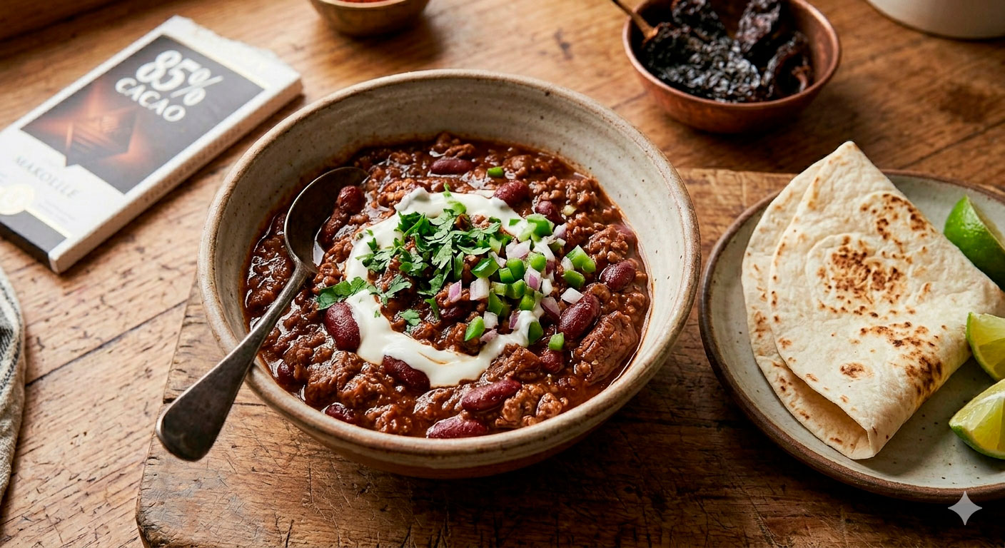 Chilli con carne y chocolate amargo listo para servir perfectamente presentado con guarniciones
