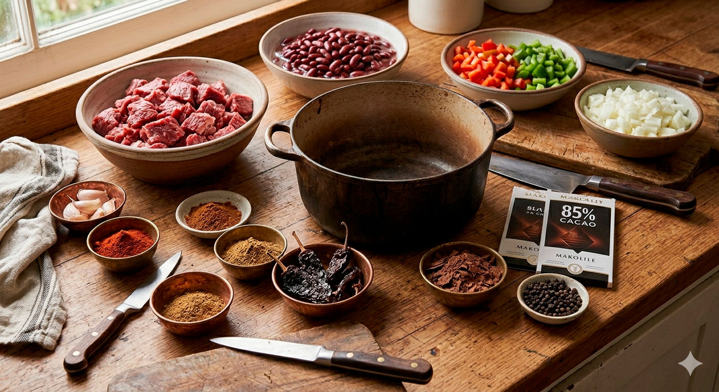 Chilli con carne y chocolate amargo en proceso inicial de preparación con ingredientes listos