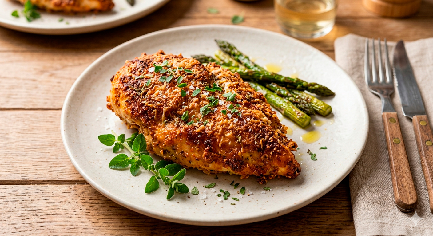 Pechuga de Pollo Crujiente en Costra de Parmesano y Orégano casera recién preparada