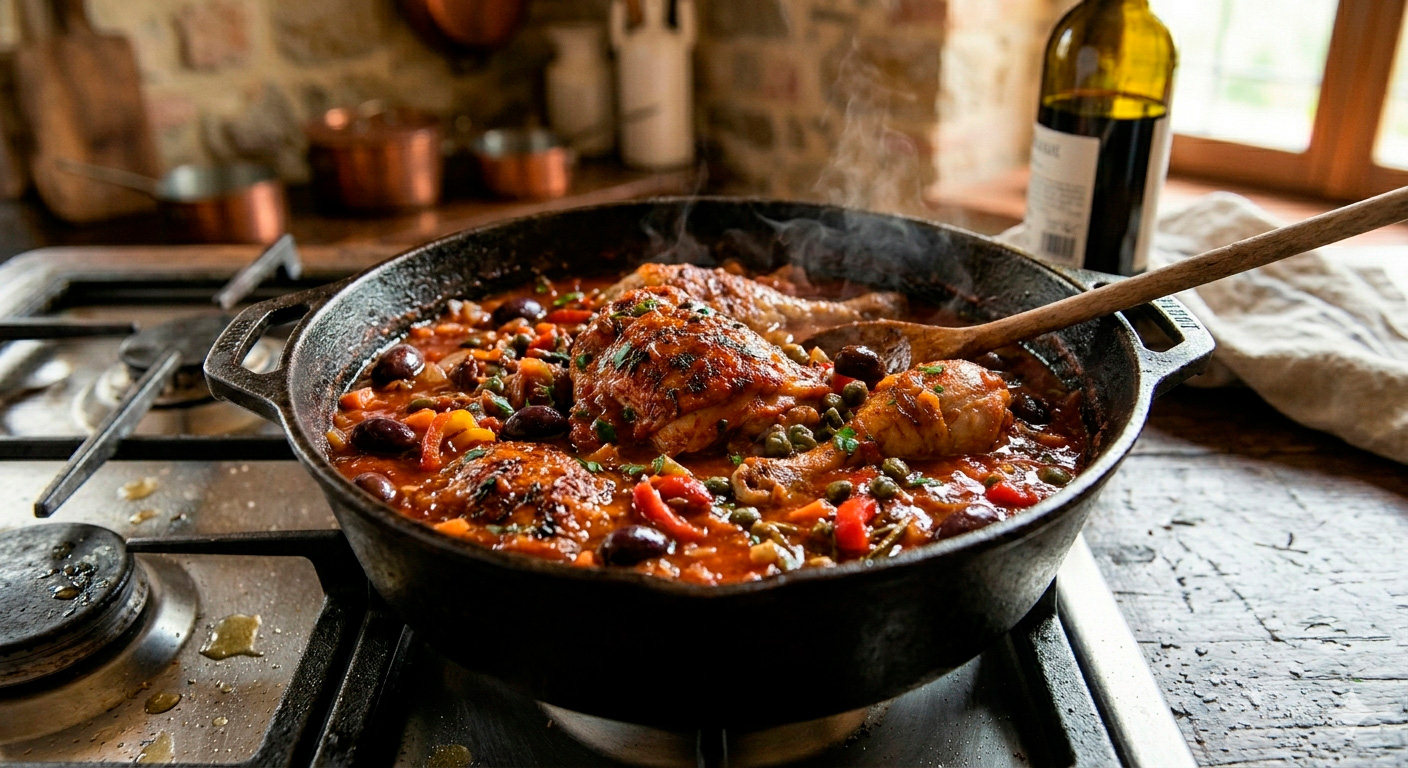 Pollo Cacciatore en fase final de estofado lento con aceitunas y alcaparras