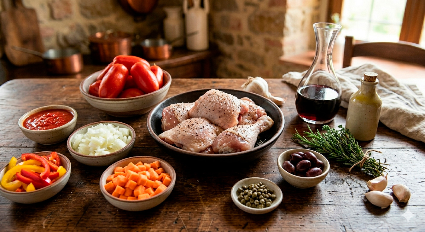 Pollo Cacciatore auténtico listo para servir, perfectamente presentado con hierbas frescas
