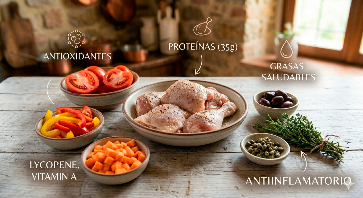 Pollo Cacciatore auténtico emplatado de forma equilibrada y nutritiva