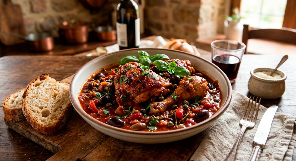 Un primer plano apetitoso de un tazón de cerámica rústico lleno de Pollo Cacciatore italiano. El pollo tierno está bañado en una rica salsa de tomate roja, decorada con aceitunas negras, alcaparras y perejil fresco. Se sirve en una mesa de madera desgastada con dos rebanadas de pan artesanal al lado.