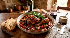 Un primer plano apetitoso de un tazón de cerámica rústico lleno de Pollo Cacciatore italiano. El pollo tierno está bañado en una rica salsa de tomate roja, decorada con aceitunas negras, alcaparras y perejil fresco. Se sirve en una mesa de madera desgastada con dos rebanadas de pan artesanal al lado.