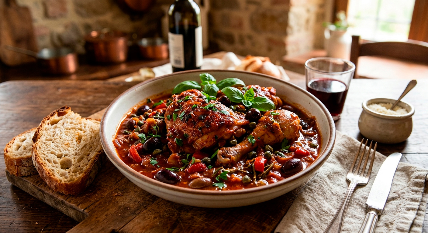 Pollo Cacciatore auténtico con alcaparras y aceitunas negras recién preparado
