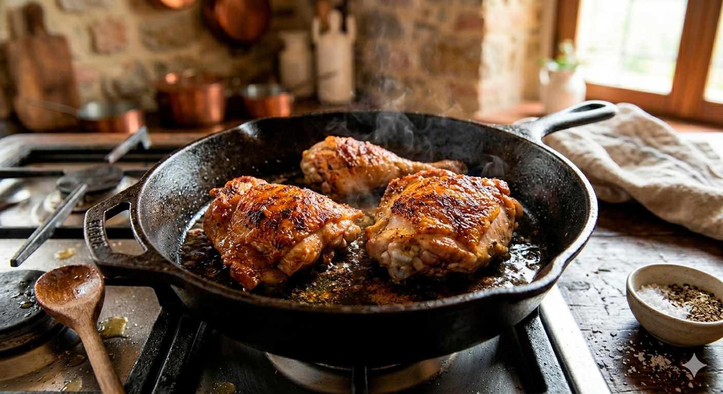 Pollo Cacciatore en proceso inicial de sellado dorado en cazuela