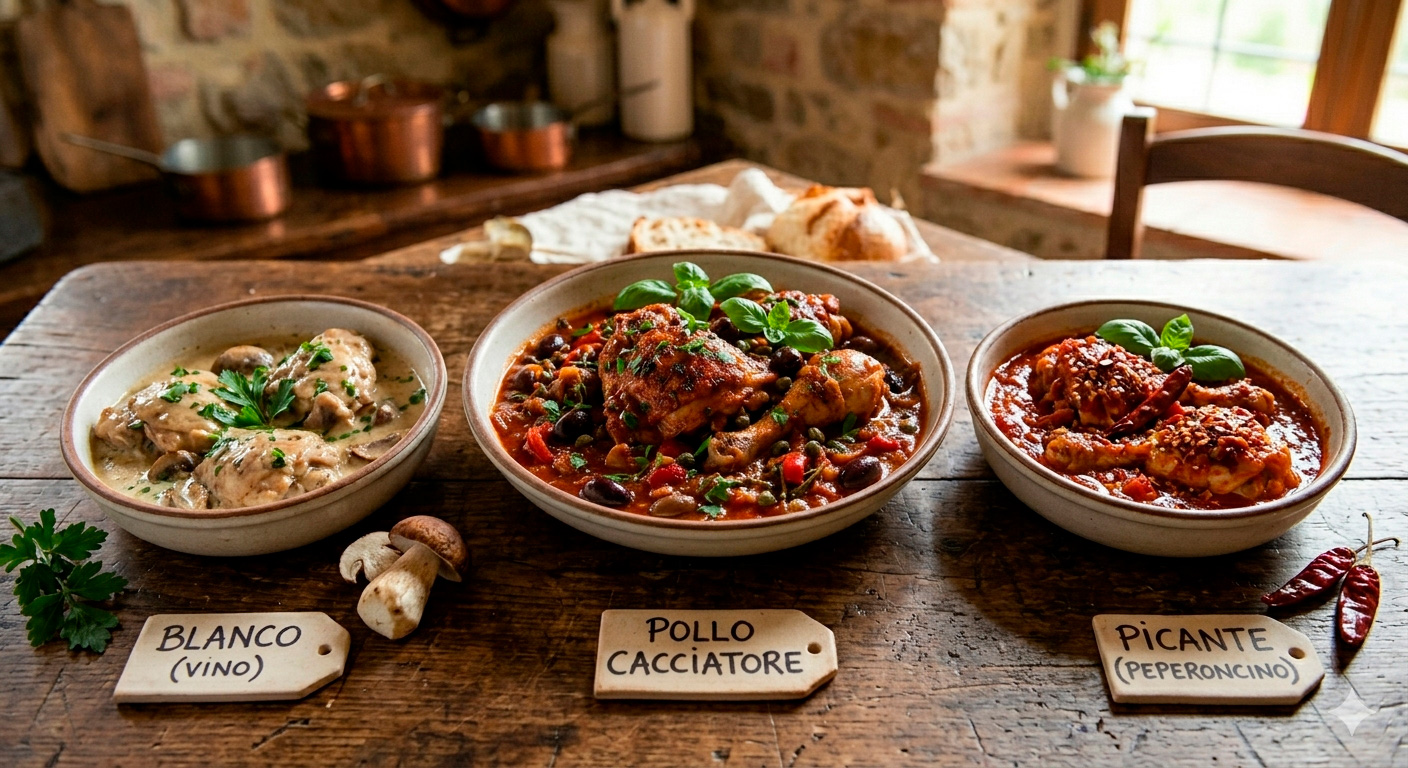 Diferentes variaciones del Pollo Cacciatore: con setas, con conejo y versión picante