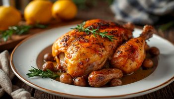A detailed close-up of a roasted half chicken with shiny, golden-brown skin, served on a white plate with a brown rim. It is garnished with fresh rosemary and surrounded by caramelized shallots in their juices. In the background, yellow lemons and a rustic wooden table are blurred.