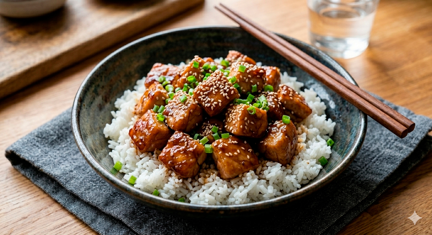 Pollo teriyaki con sésamo y jengibre casero recién preparado