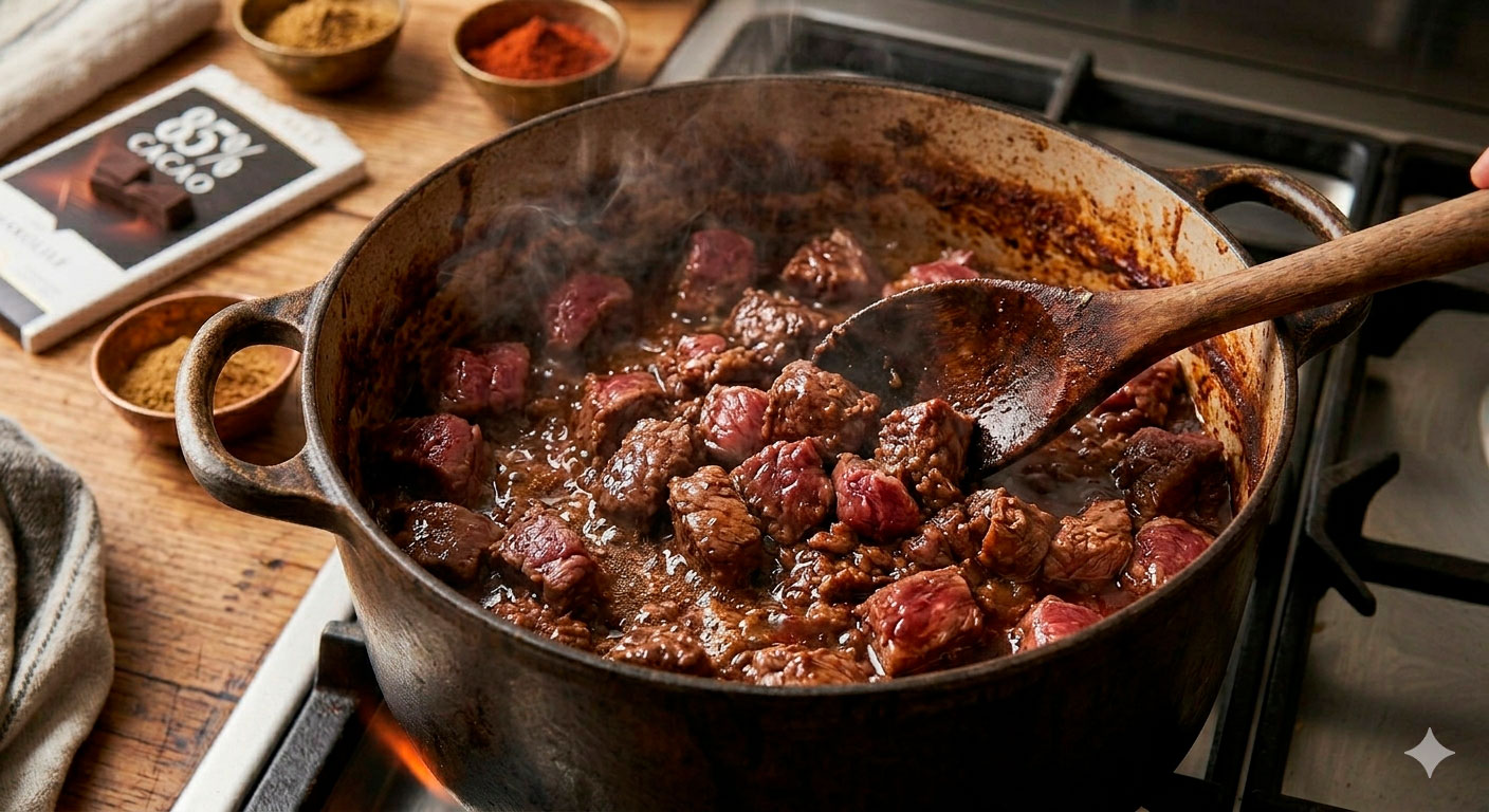 Sellado de carne de res en olla de hierro fundido para chilli con carne irresistible
