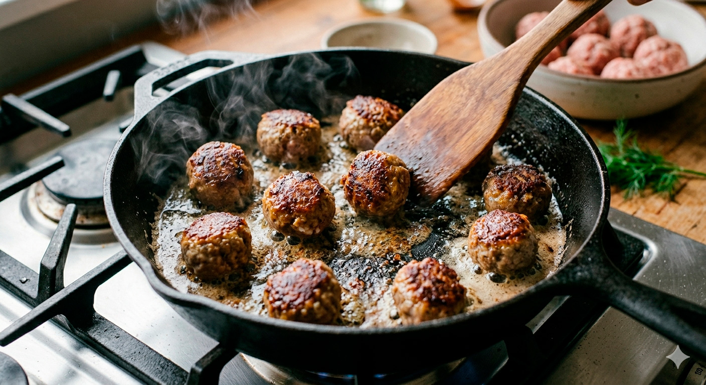 Close-up view of a hot cast-iron skillet where several spherical Swedish meatballs are browning in bubbling butter, showing a golden-brown crust and releasing light steam.