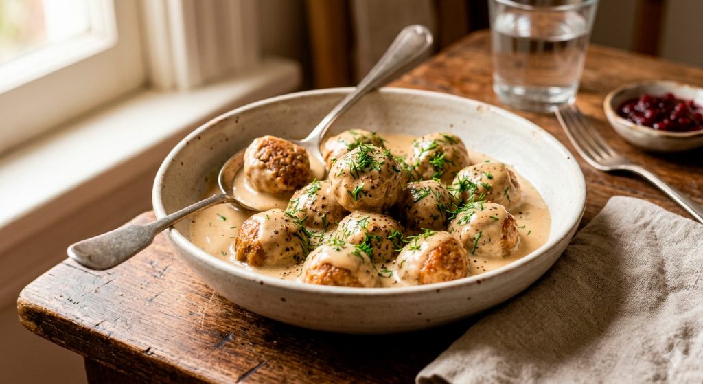 Close-up of a white ceramic plate served with authentic Swedish meatballs, coated in a velvety cream sauce and sprinkled with freshly chopped dill, accompanied by mashed potatoes.