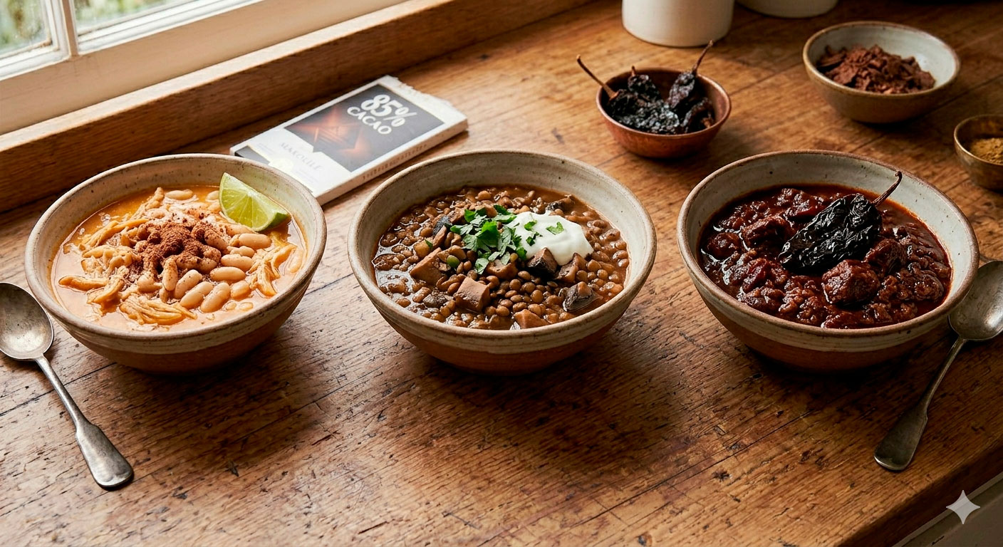 Tres variaciones del chilli con carne: versión blanca, vegetariana y Texas Style